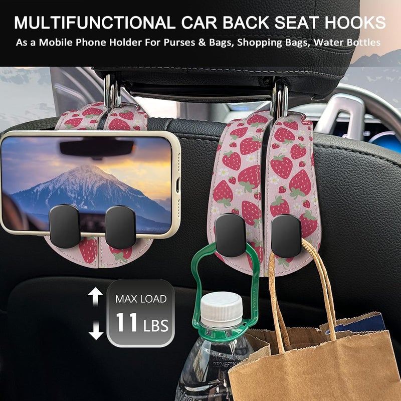 Blusabaca 2PCS Car Seat Back Storage Headrest Hooks, Cute Strawberry Purse Holder Bags Hanger, PU Leather Double Metal Hook for Backseat Organizer, Women Car Accessories Organization - Image 3